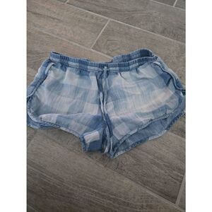 Women's Anthro Bella Dahl Tencel Shorts Chambray Checkered Blue Shorties Drawstr
